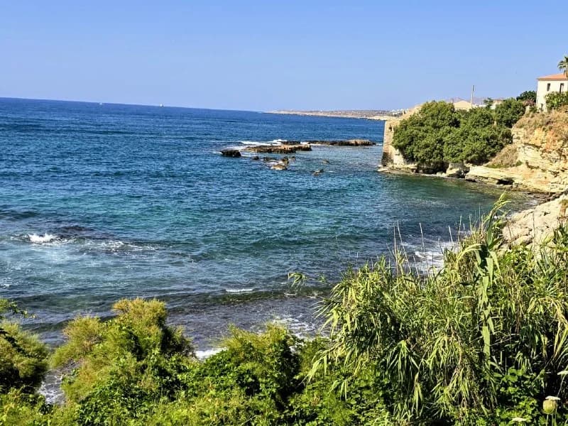 Blue sea and a small coastal village viewed through greenery